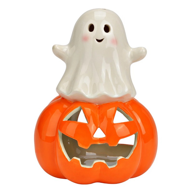 Portacandele a forma di fantasma su zucca in ceramica, perfetto come decoro di Halloween